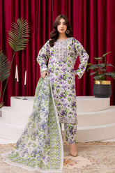 White & Purple Floral Printed 3-Piece Lawn Suit