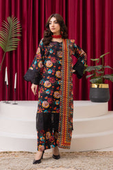 Black Floral Luxe Lawn Suit with Multi-Color Dupatta