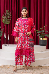 Bright Pink Floral Festive Lawn Suit