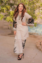 Off-White Linen 2-Piece with Matching Embroidered Organza Sleeves & Trouser | Winter Collection