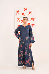 Navy Floral Printed Long Shirt- Premium Silk with Button Neckline