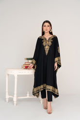 Black Khaddar Kaftan –Full Golden Embroidered Front & Back