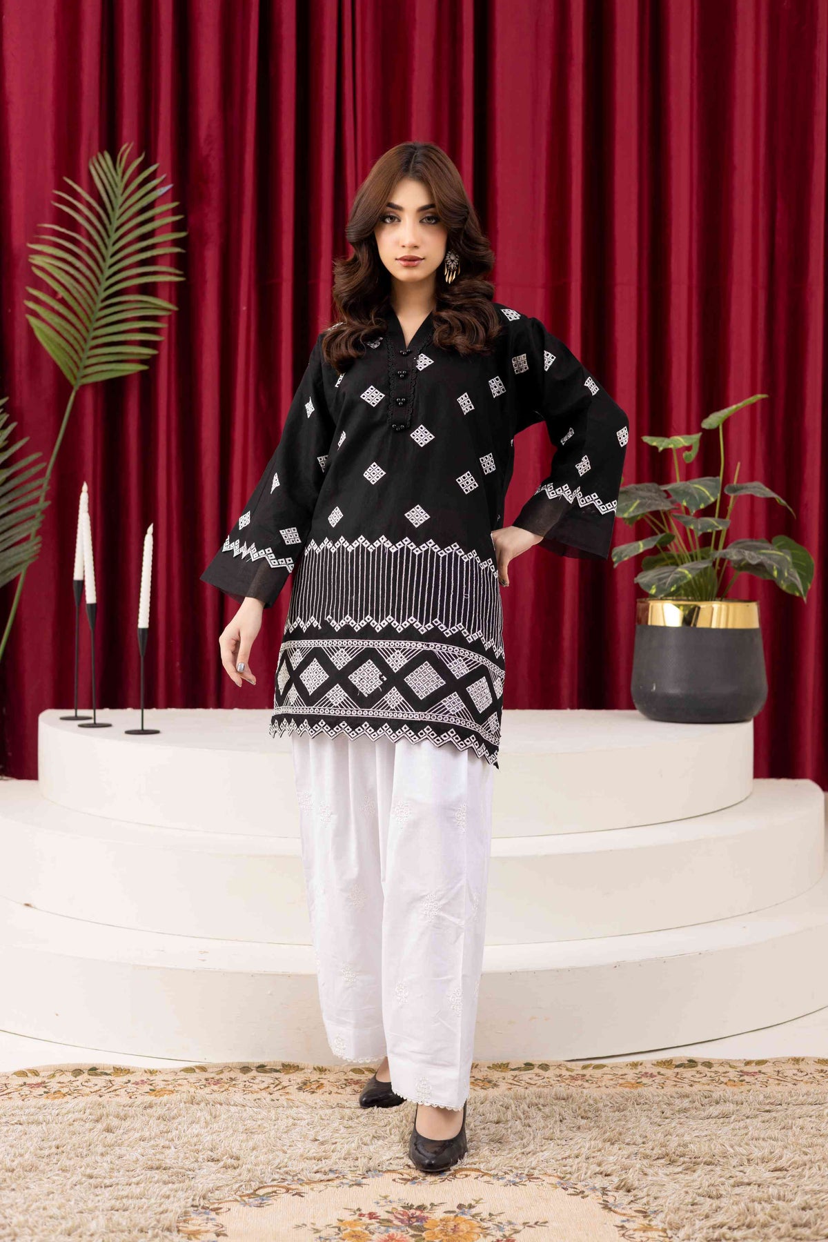 Classic Black & White Embroidered 2-Piece Set