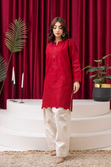 Crimson Red & Skin Embroidered  2-Piece