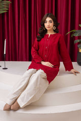 Crimson Red & Skin Embroidered  2-Piece