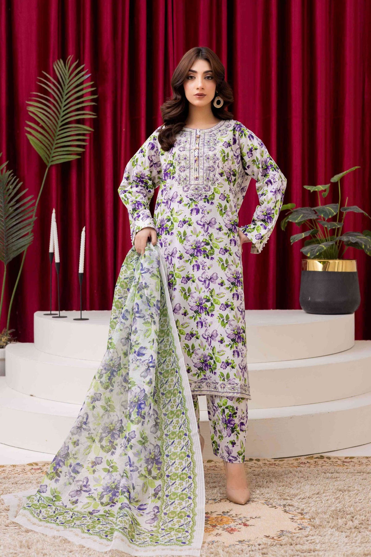White & Purple Floral Printed 3-Piece Lawn Suit