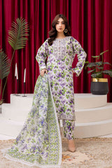 White & Purple Floral Printed 3-Piece Lawn Suit