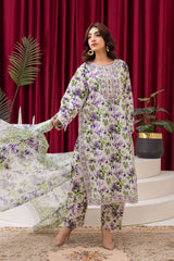 White & Purple Floral Printed 3-Piece Lawn Suit
