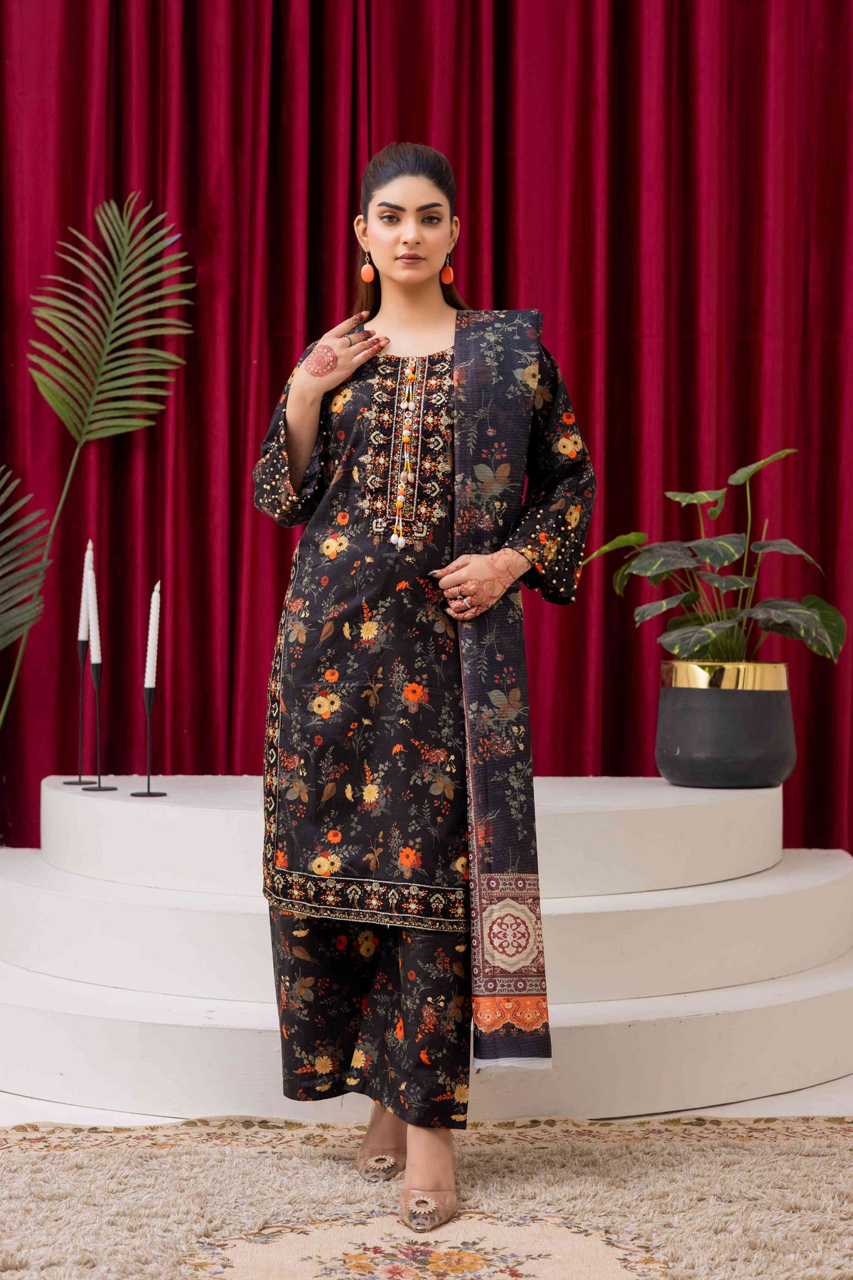 Black Floral Printed 3-Piece Lawn Suit