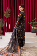 Black Floral Printed 3-Piece Lawn Suit