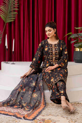 Black Floral Printed 3-Piece Lawn Suit