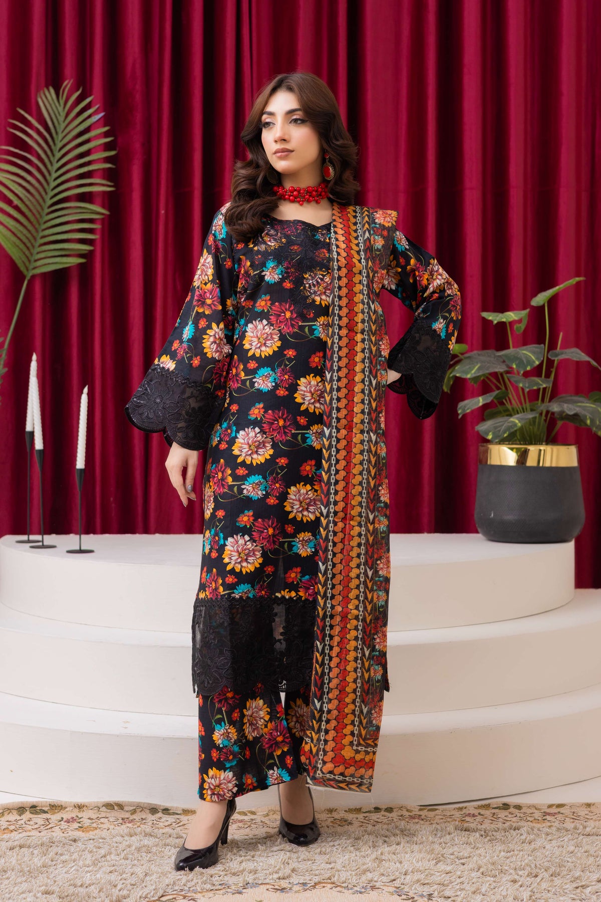 Black Floral Luxe Lawn Suit with Multi-Color Dupatta