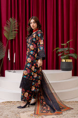 Black Floral Luxe Lawn Suit with Multi-Color Dupatta