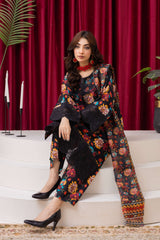 Black Floral Luxe Lawn Suit with Multi-Color Dupatta
