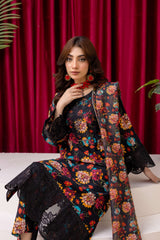 Black Floral Luxe Lawn Suit with Multi-Color Dupatta