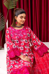 Bright Pink Floral Festive Lawn Suit