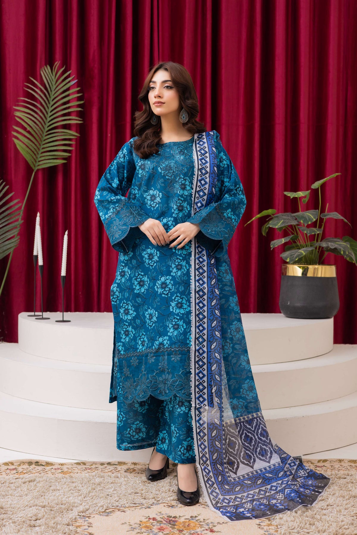 Teal Blue Luxury Floral Lawn Suit