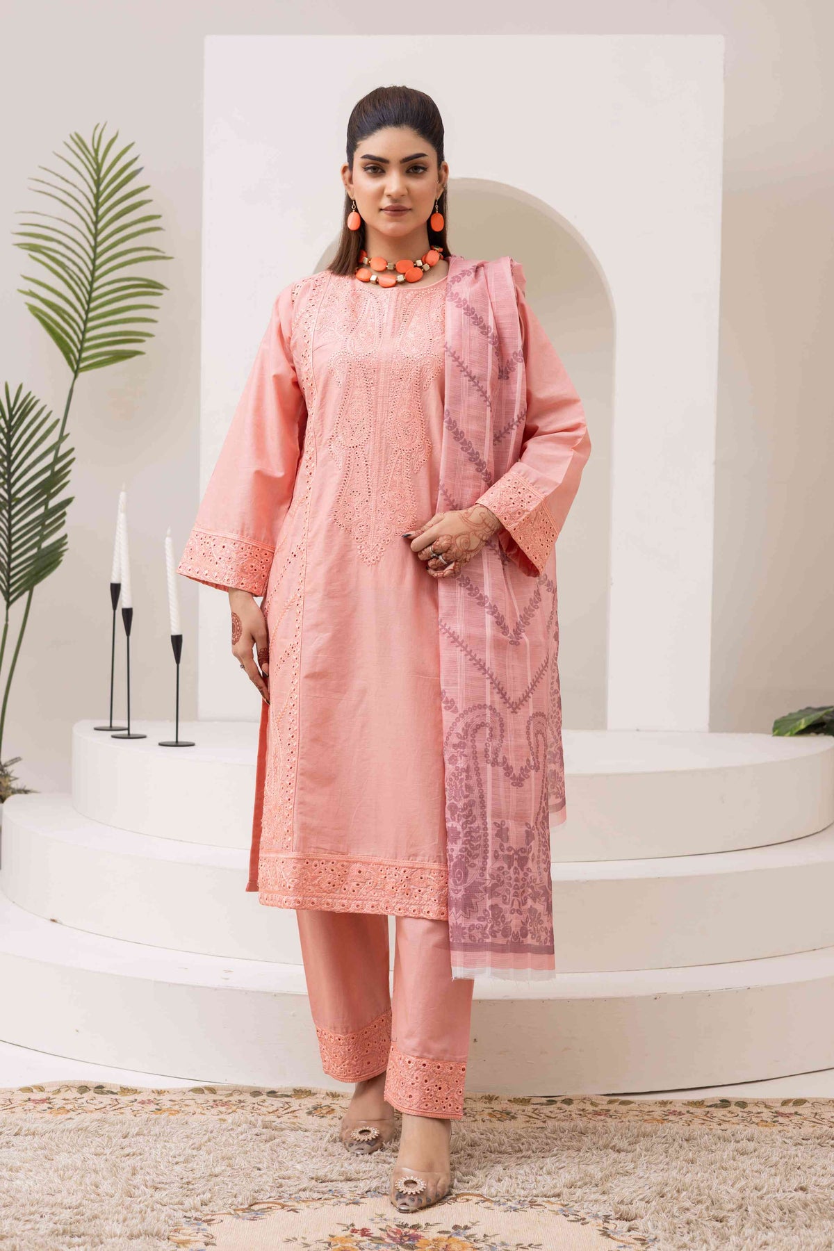 Graceful Peach Embroidered 3-Piece Suit