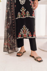 Black Floral Embroidered Lawn 3-Piece Suit with Organza Dupatta | Summer Collection