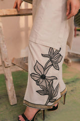 Off-White Linen 2-Piece with Matching Embroidered Organza Sleeves & Trouser | Summer Collection