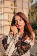 Off-White Linen 2-Piece with Matching Embroidered Organza Sleeves & Trouser | Summer Collection