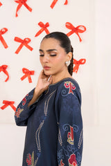 Navy Floral Printed Long Shirt- Premium Silk with Button Neckline