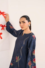 Navy Floral Printed Long Shirt- Premium Silk with Button Neckline