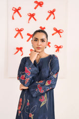 Navy Floral Printed Long Shirt- Premium Silk with Button Neckline