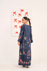 Navy Floral Printed Long Shirt- Premium Silk with Button Neckline