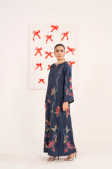 Navy Floral Printed Long Shirt- Premium Silk with Button Neckline
