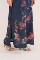 Navy Floral Printed Long Shirt- Premium Silk with Button Neckline