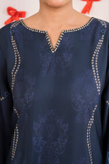Navy Floral Printed Long Shirt- Premium Silk with Button Neckline