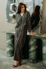 Black Luxury Linen Kaftan-Full Tilla Embroidered Front (Mega Sale)
