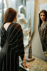 Black Luxury Linen Kaftan-Full Tilla Embroidered Front (Mega Sale)