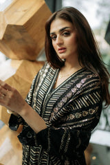Black Luxury Linen Kaftan-Full Tilla Embroidered Front (Mega Sale)