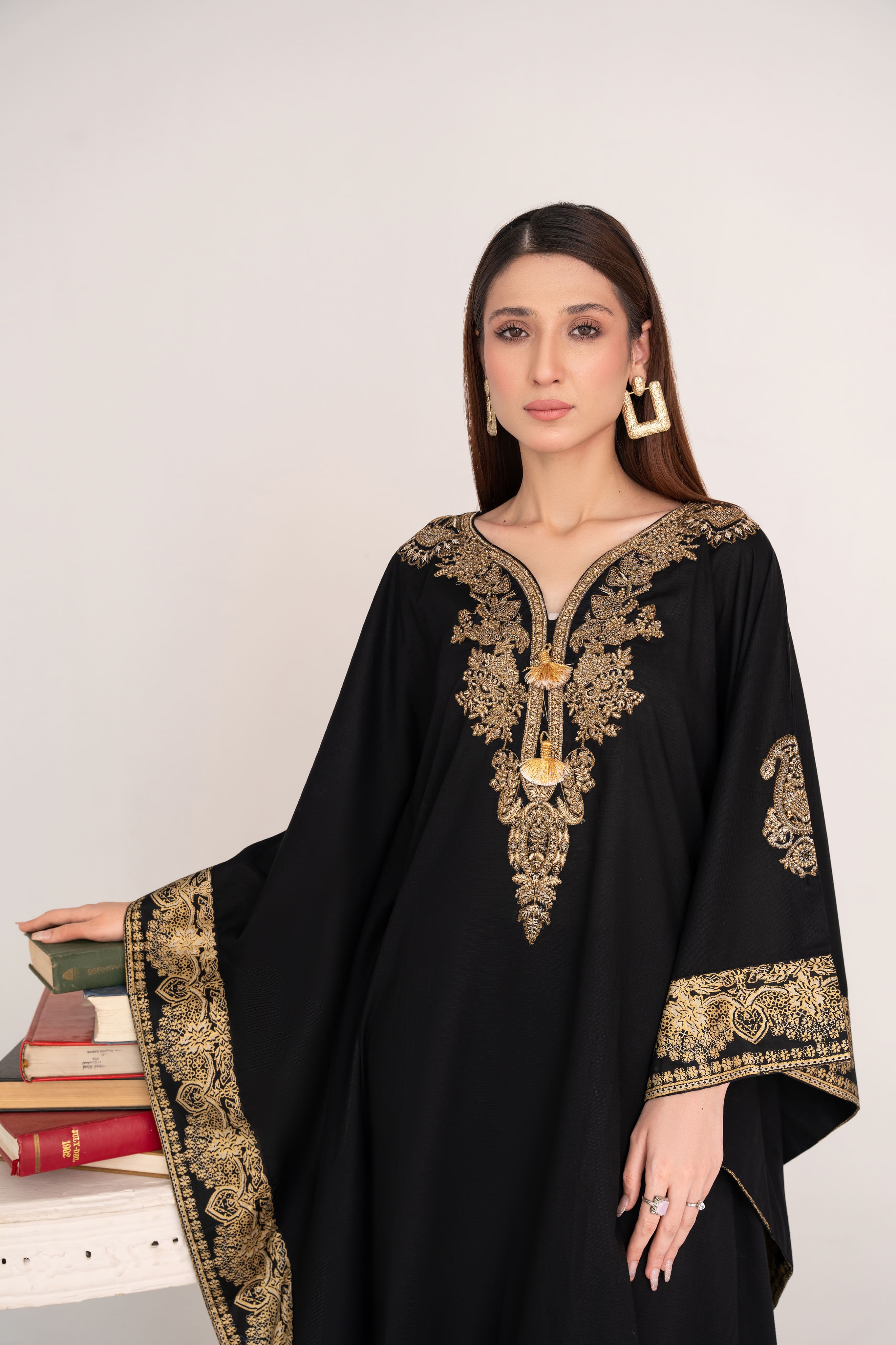 Black Lawn Kaftan –Full Golden Embroidered Front & Back