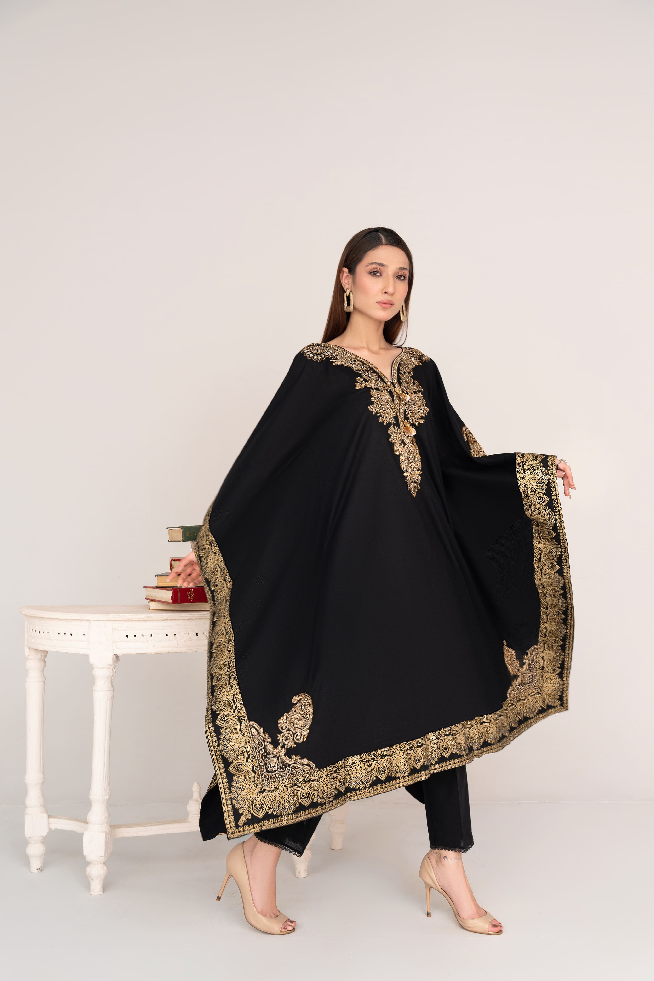 Black Lawn Kaftan –Full Golden Embroidered Front & Back