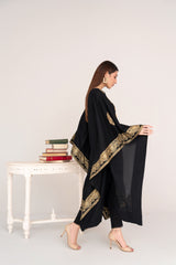 Black Lawn Kaftan –Full Golden Embroidered Front & Back